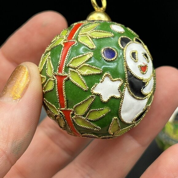 Cloisonne Panda Bamboo Round Ornaments 2” Raise Metal Enamel Green Set of 2 - Picture 6 of 8